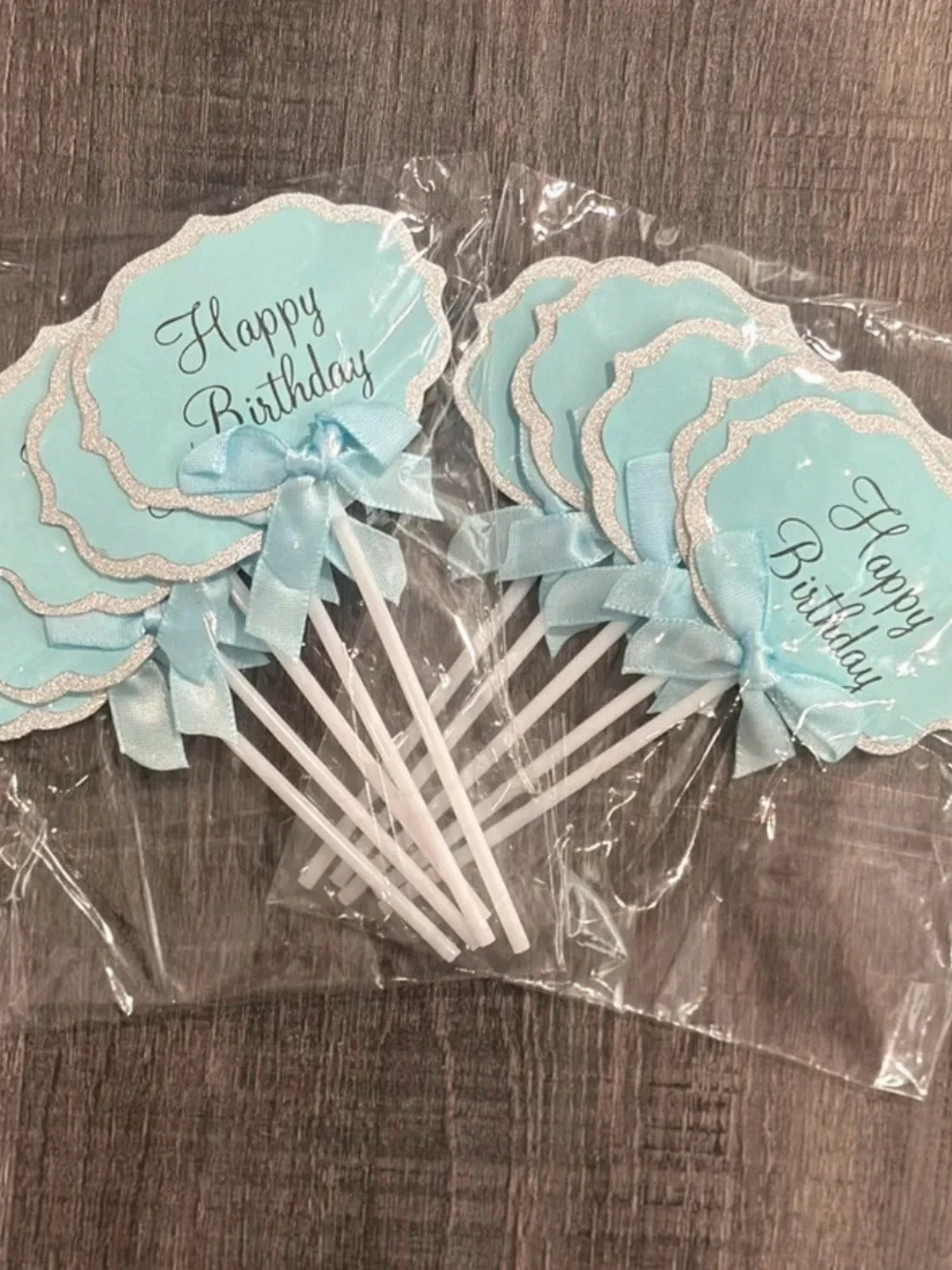 💞 New Pack of 10 Blue & Silver Glitter Happy Birthday Cupcake & Cake Toppers